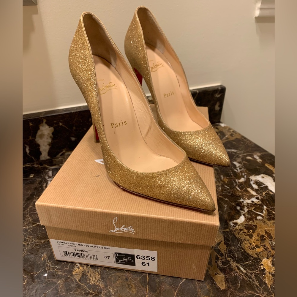 Used Gold Christian Louboutin Pigalle Follies 100 Glitter Mini Degrade Shoe